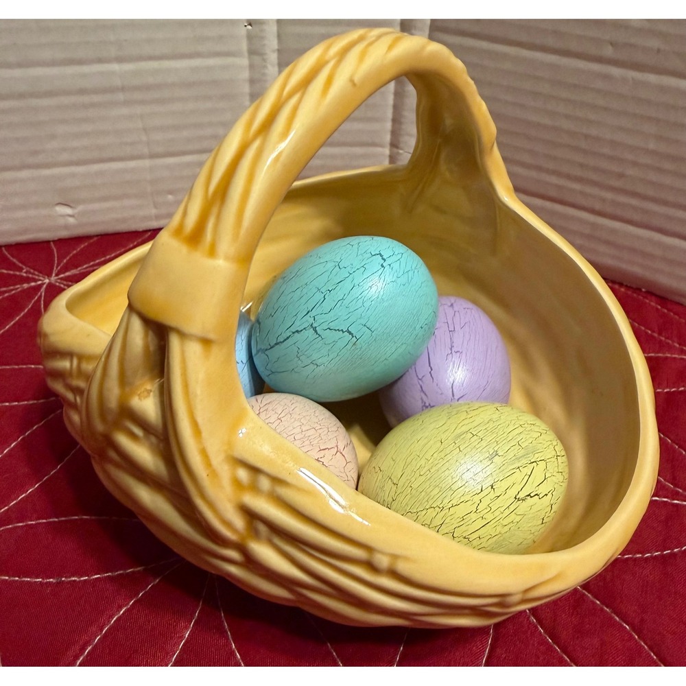 Vintage 1986 Hand Signed Ceramic Easter Basket with 6 Crackle Pastel Eggs